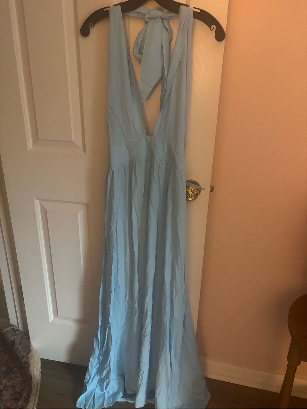 Light Blue Backless Halter Maxi Dress with Tie Neck